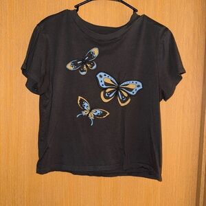 American Eagle Outfitters Charcoal T-Shirt with Butterflies